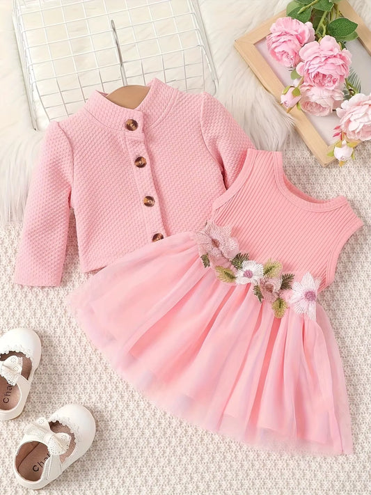 Elegant Bloom – Baby Girl Mesh Dressjacket with Waist Flower Detail